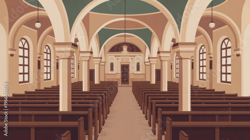 Interior of a large empty church with brown pews white columns and green ceiling