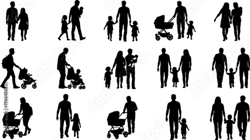 Diverse Family Silhouettes Collection with Parents, Children, and Strollers on White Background