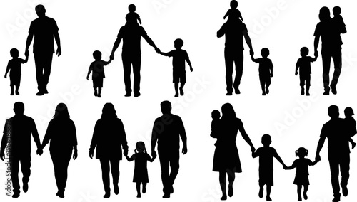 Black silhouettes of diverse family groups with children walking and holding hands on white background