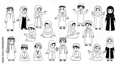Arabic children in traditional attire, black and white illustration.