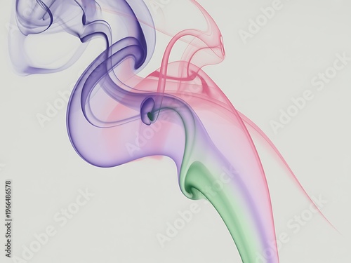 Abstract representation of colorful swirling smoke plumes with soft translucent hues of purple pink and green creating a graceful artistic flow