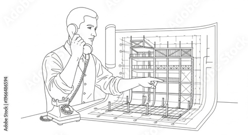 Architect discussing building plans while holding a phone and pointing.