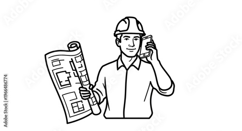 Architect holding blueprints and talking on the phone.