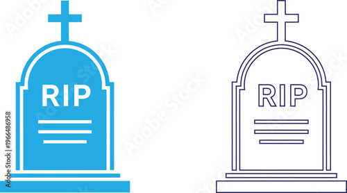 Two tombstone illustrations a blue filled and a line art representation