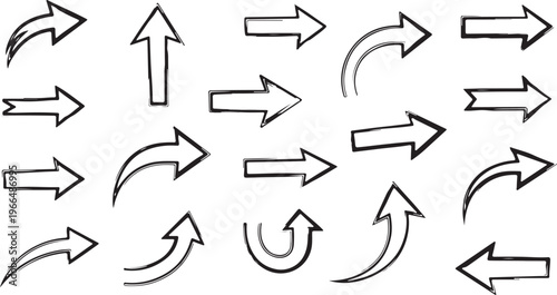 Hand drawn arrow set featuring curved, straight, dotted, and swirled arrows design, arrow vector for creative design, presentations, infographics, and decorative purposes