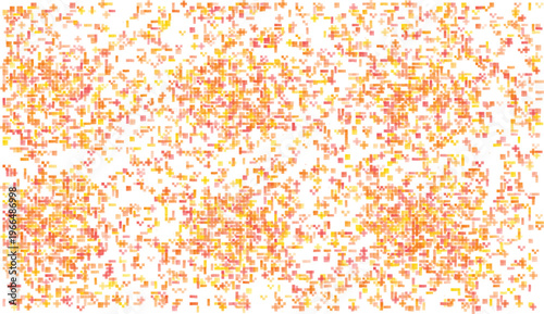 Scattered pixelated squares and crosses in warm orange yellow and red hues abstract background