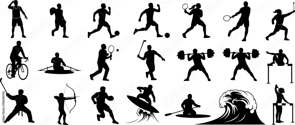 Obraz premium A collection of black silhouettes depicting various sports and fitness activities on a white background