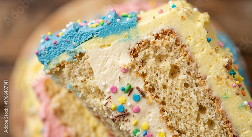Close up of layered sponge cake with pastel frosting and colorful sprinkles