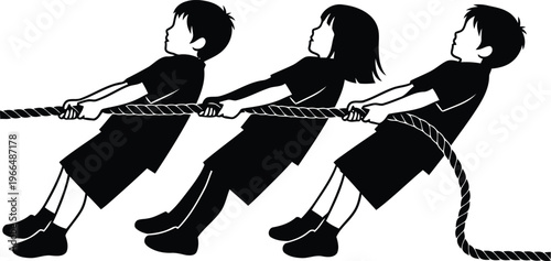 Children Playing Tug of War Game Silhouette Vector Illustration for Teamwork and Cooperation Concept