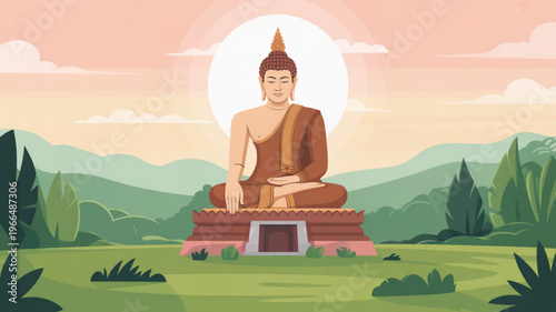 Buddha statue sitting serenely on a pedestal in a lush green landscape with mountains and sunset background