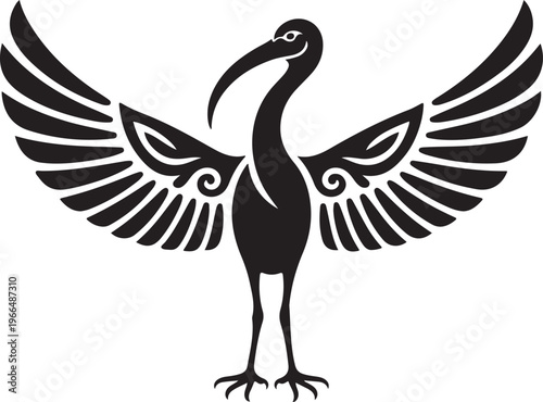 Tribal Ibis Bird Silhouette with Open Wings Vector Art