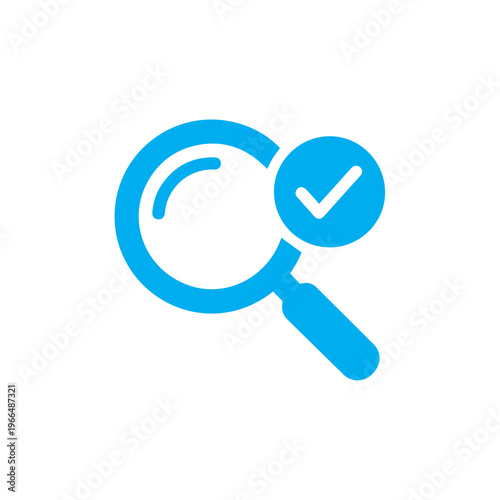 Bright cyan colored magnifying glass graphic incorporating a prominent checkmark symbol for positive findings confirmation.