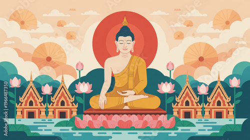 Buddha sits serenely in meditation surrounded by lotus flowers and temples in a peaceful landscape with a warm sunset background