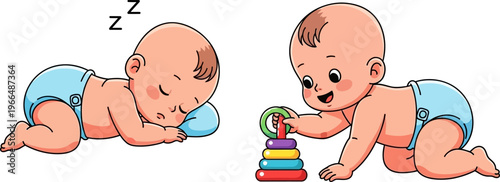 Adorable cartoon babies: one peacefully sleeping, the other happily playing with a colorful toy.