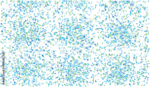 Scattered small blue and green rectangles and crosses on white background abstract texture
