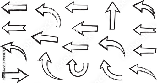 Hand drawn arrow set featuring curved, straight, dotted, and swirled arrows design, arrow vector for creative design, presentations, infographics, and decorative purposes