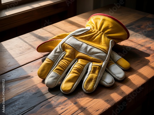 Closeup view of heavyduty yellow and white leather work gloves resting on a rustic wooden surface bathed in sunlight