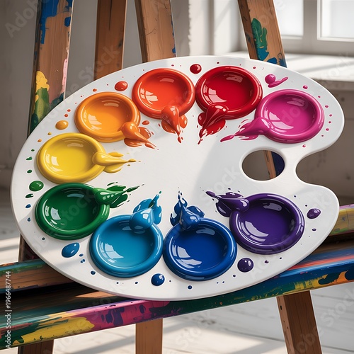 Colorful artists paint palette filled with vibrant liquid paints including red orange yellow green blue and purple splattered around the surface