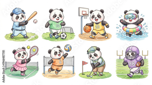  Set of funny cartoon cute Panda animals in playful sports vector style featuring smiling characters for kids toy illustration collection