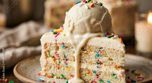 Slice of birthday sprinkle cake topped with melting vanilla ice cream