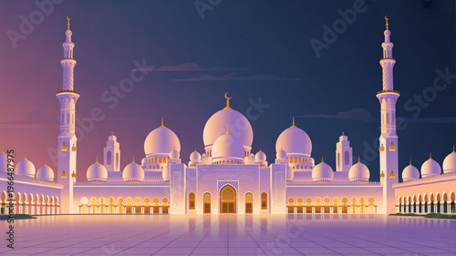 Sheikh zayed grand mosque at dusk with illuminated domes and minarets abu dhabi uae islamic architecture beautiful white mosque with purple and pink sky