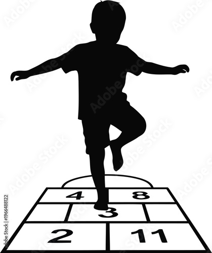 Black Silhouette of a Happy Child Playing Hopscotch Game Isolated on White Background Graphic Illustration
