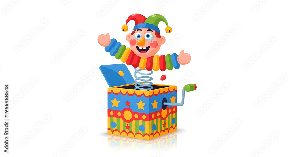 Obraz premium A brightly colored Jack-in-the-Box toy, with a cheerful clown emerging from a patterned box, ready to surprise and delight, perfect for children's entertainment and playful themes