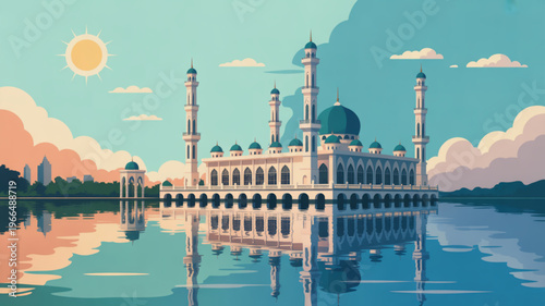 Serene mosque with reflection in calm water at sunset surrounded by clouds and sun