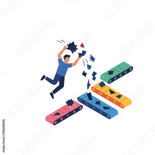 Man jumping and smashing train cars in a colorful illustration scene