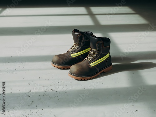 Sturdy brown work boots with yellow reflective accents and thick laces are positioned on a textured concrete floor with shadows casting patterns from above