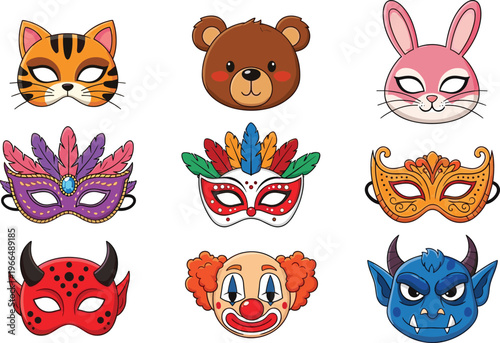 Carnival Mask Vector Set with Animal Faces, Clown, Devil and Decorative Party Masks for Festival, Costume and Celebration Illustration