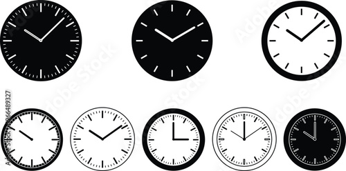 Analog wall clock collection vector, time icons set, black and white watch faces, minimal round clock design, hour symbols pack