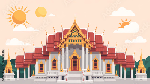 Ornate thai temple with red and gold architecture under sunny sky with clouds