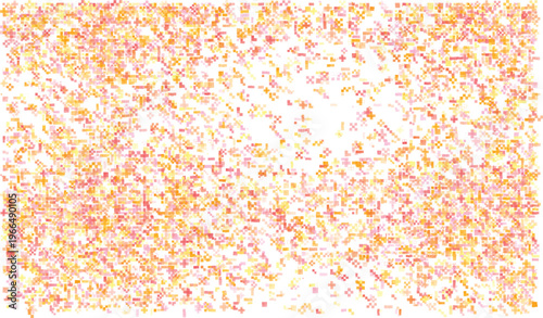 Scattered small pixelated squares and plus shapes in warm orange pink and yellow hues abstract