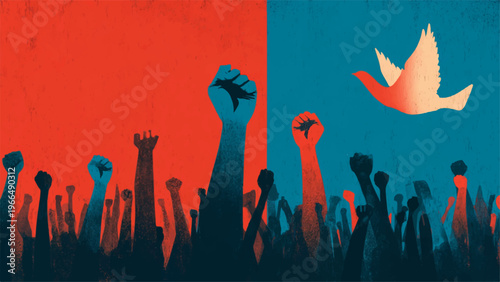 Peaceful protest, raised fists, dove flying, activism concept, social movement vector illustration