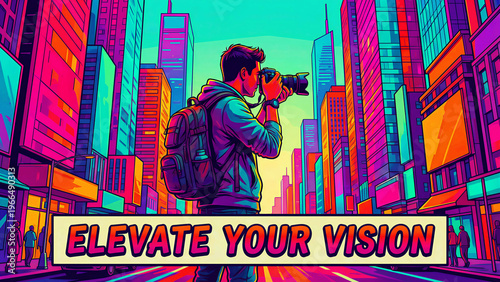 Stylized digital illustration featuring a male photographer with a camera and backpack capturing vibrant city architecture in neon colors.