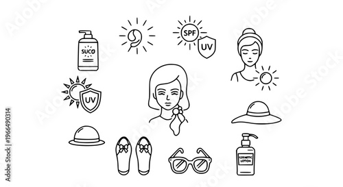 Modern cosmetic sun outline icons collection with sunscreen, SPF, and UV protection symbols