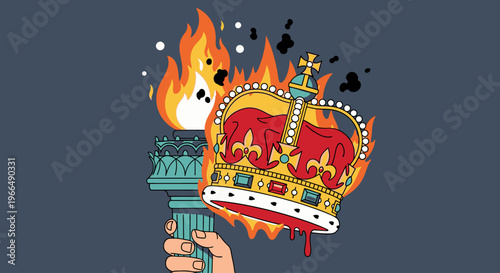 Burning crown on torch held high.