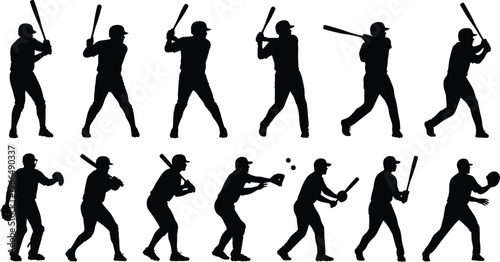 Baseball player silhouettes in various batting, pitching, and catching poses, sports vector illustration for training, competition, game action, and athletic design projects