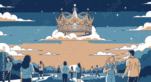 People looking up at crown floating.