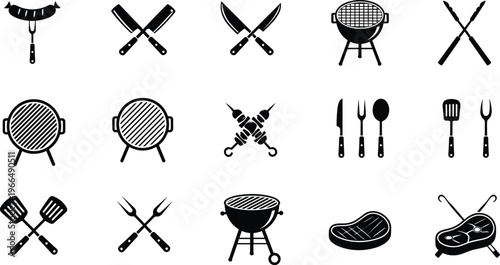 BBQ grill icon set, barbecue tools vector, steak meat silhouette, cooking utensil design, outdoor grill elements, chef kitchen bundle