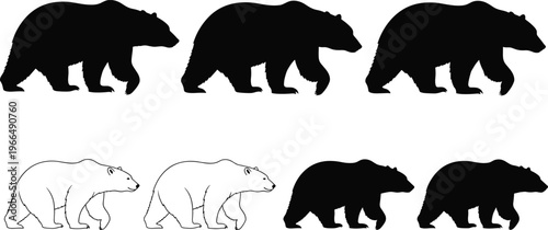 Bear silhouette vector set, walking grizzly bear black outline illustration, wildlife animal clipart for logo, t-shirt design, or decoration