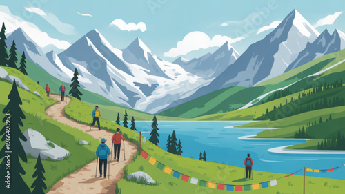 Hikers on a winding trail with prayer flags in a serene mountain landscape with a lake