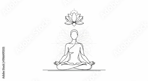 Person meditating in lotus position with serene lotus flower above symbolizing mindfulness and inner peace
