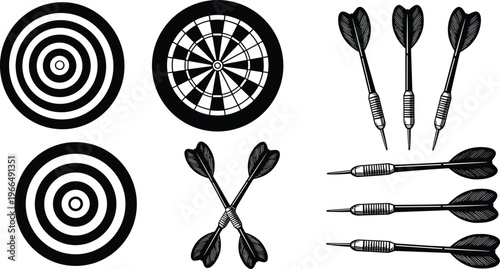 Black and white dartboard vector set, darts illustration, bullseye target, sport game elements, accuracy symbols, precision graphic, competition design
