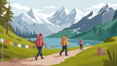 Hikers trekking on a scenic mountain trail with colorful prayer flags serene lake and majestic snow capped peaks in the background