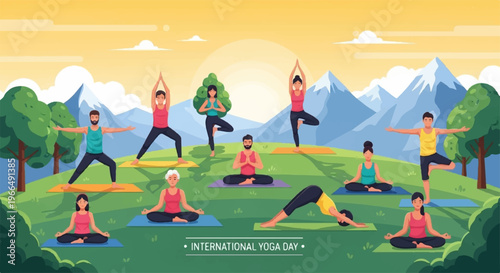 People practicing yoga poses on green hill with mountains