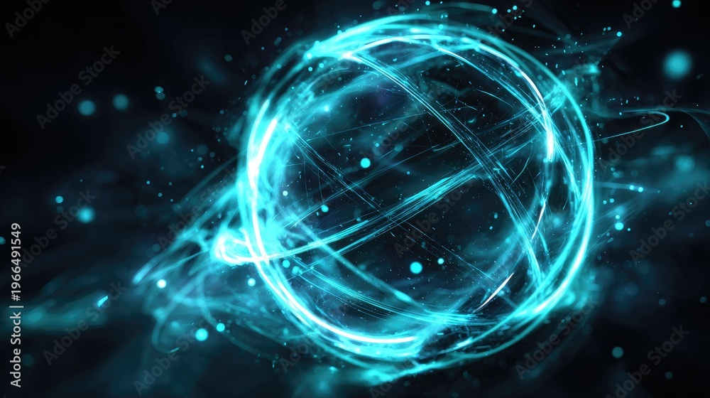 Obraz premium Abstract glowing sphere with light trails against dark backdrop