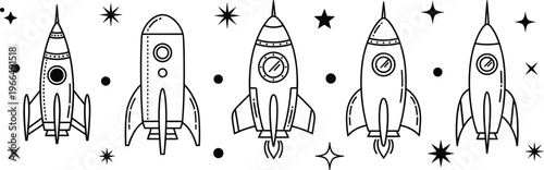 Black and white space rocket illustration, cartoon spaceship vector, kids science clipart, playful astronomy design, outlined style, educational, decorative