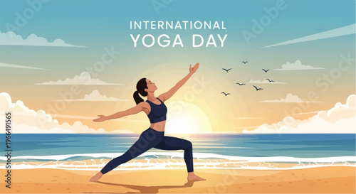 Woman practicing yoga on a serene beach at sunrise or sunset with birds flying overhead